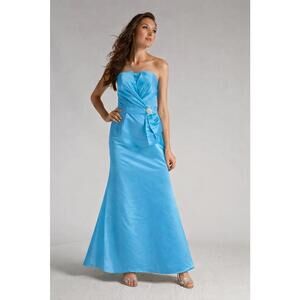 Strapless Sky Blue Satin Mermaid Gown with Draped Bodice Crystal Waist Detail XS